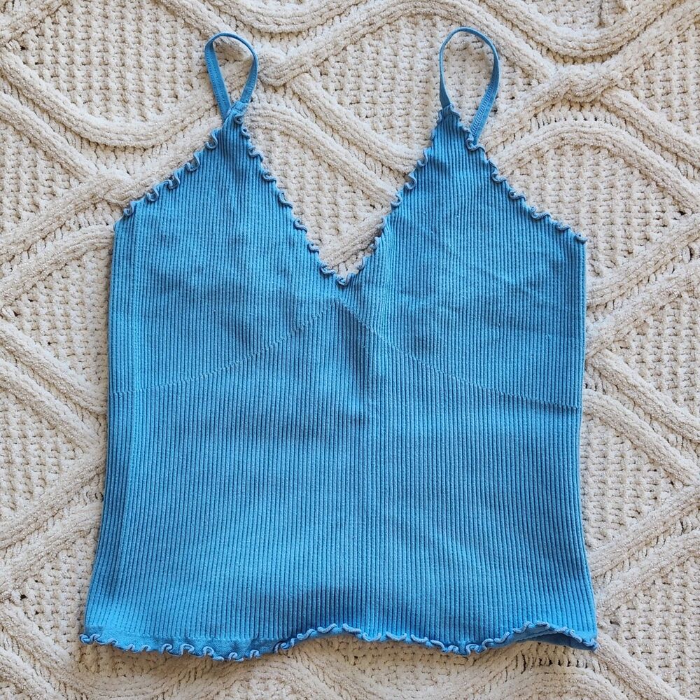 Light blue Ribbed V neck Spaghetti Strap Ruffled Crop Top  Size S